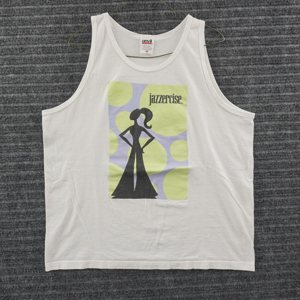Vintage 90s Anvil Jazzercise Tank Top Women Size M White Graphic Fitness